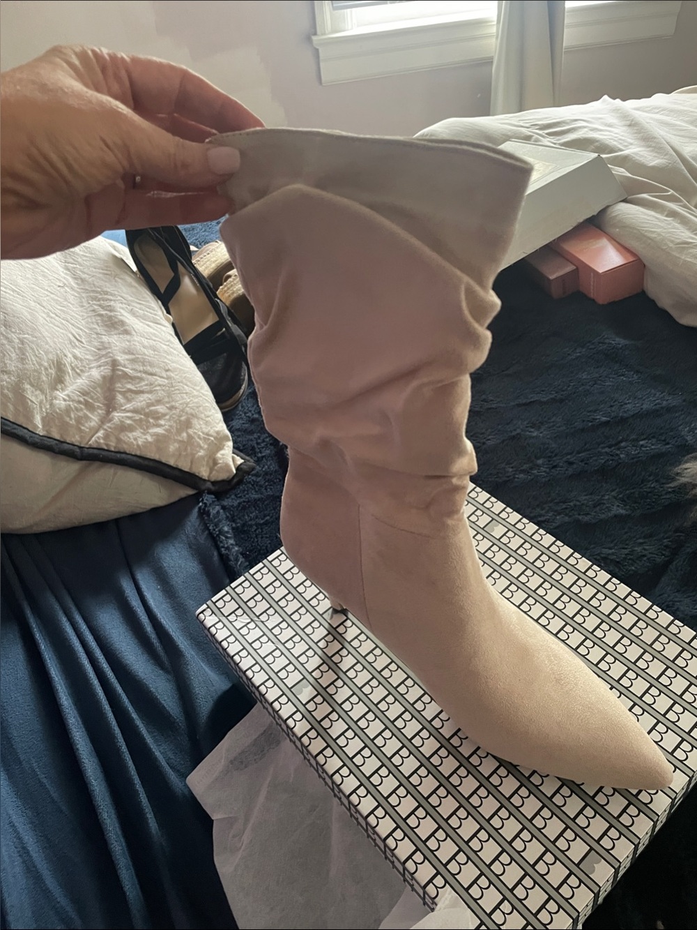 bebe Beige Slouchy Pointed-Toe Mid Heel Boots